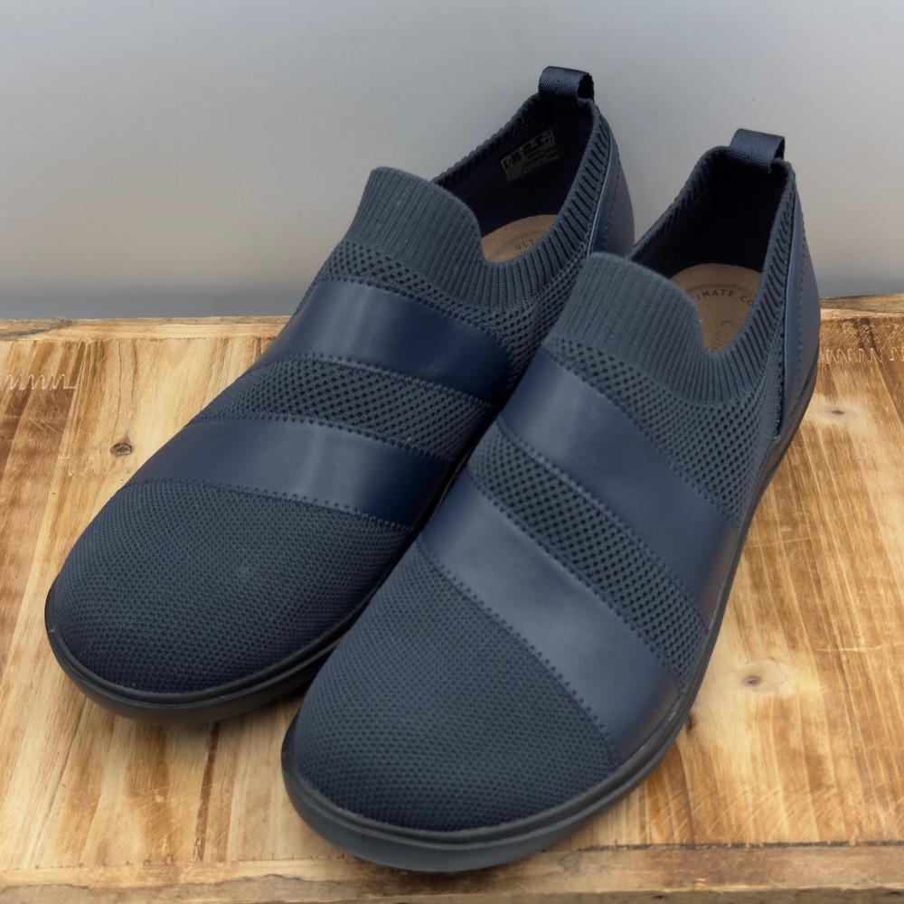 Clarks Sashlyn Edge Navy Blue Knit Ultimate Comfort Slip On Shoes 2021 Size 9 M